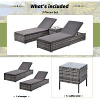 Outdoor Rattan Recliner Lounger, 3 Pieces Sun Lounger Sets with Coffee Table, Padded Cushion, and Adjustable Backrest Grey