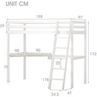 Loft Beds for Childrens, 3 Ft Single Sleeper Frame with Desk for Kids 90X190 cm White