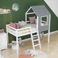 Low Loft Beds for Childrens, Pine Wood Cabin Bed Frame, Mid-Sleeper with Treehouse Canopy for Kids 90 x 190 cm