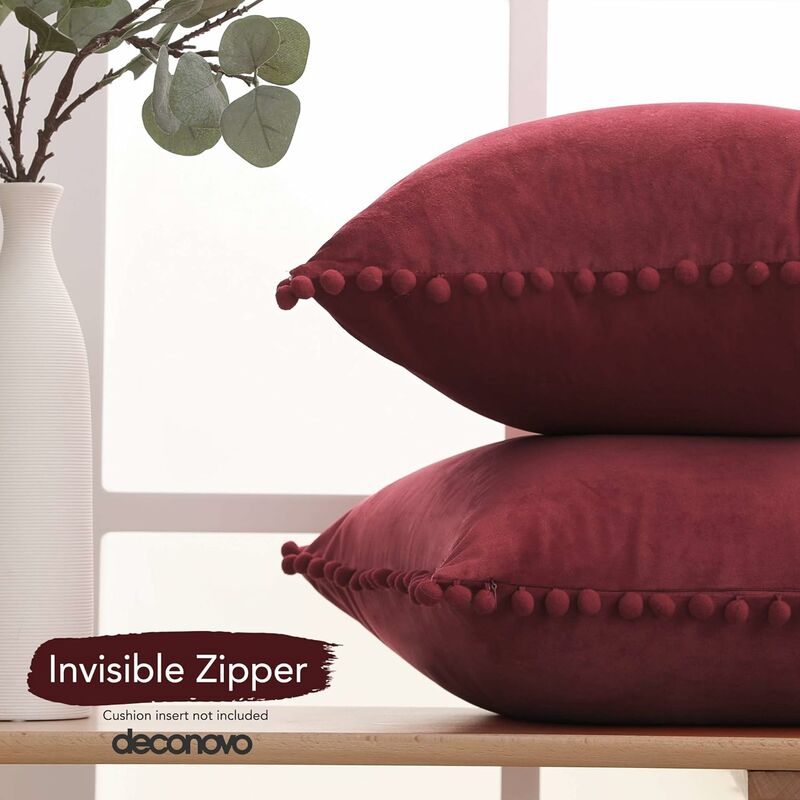 Deconovo Federe Cuscini Divano in velluto con palline Confezione da 2 Pezzi  45x45 cm - Vino Rosso