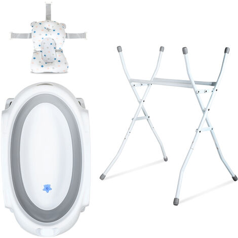 Baignoire Bébé Vidange Facile Baignoire Bébé Pliable Avec Support - Coussin Ergonomique - Tuyau Vidange - 0-24 Mois - Gris - 66x61x82cm Baignoire Bébé Support Acier Pliable 0-2 Ans
