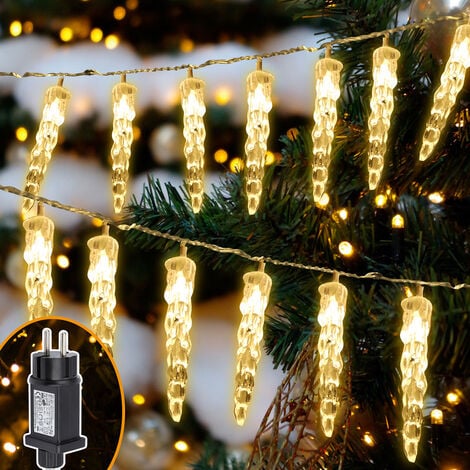 Guirlande Noel Exterieur, 10 m 40 LED Lumières de Stalactite Glaçons,  Guirlande Lumineuse blanc chaud avec 8 Modes D'éclairage, IP44 étanche.