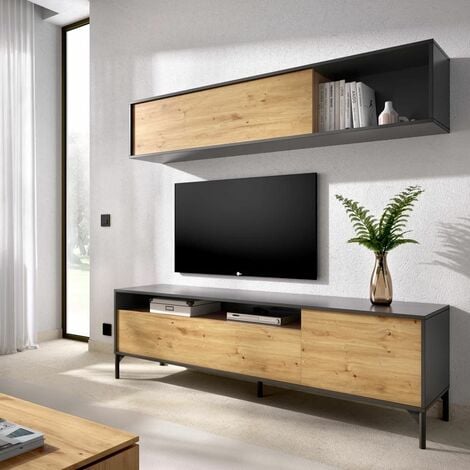 Meuble TV avec étagére murale - Décor chene et graphite - L 180 x P 41 x H  180 cm - BONN