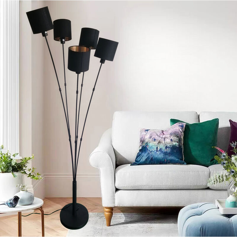 Osasy lampadaire 5 lumières pour salon,Chic lampadaires en métal et textile  noir & or,moderne lampe à pied design rétro, 5 * E14 (chacun max. 40w)  compatible LED ou halogène(Ampoules non incluses) 