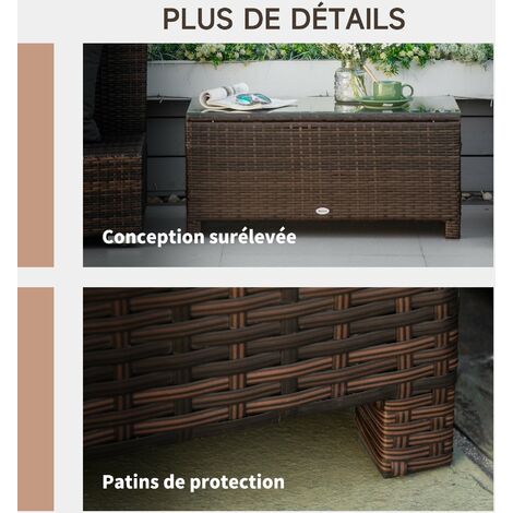 Table basse de jardin plateau verre trempé 5 mm rotin tressé 85 x 50 x 39cm Max. 50 kg marron