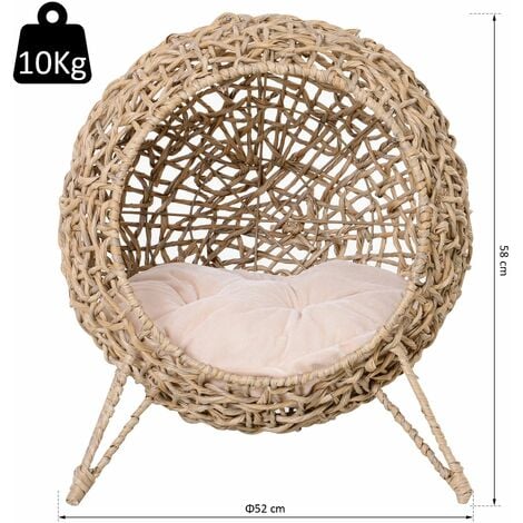 PawHut Panier chat lit chat cosy grand confort dim. Ø 52 x 58H cm coussin moelleux inclus résine tressée imitation rotin beige