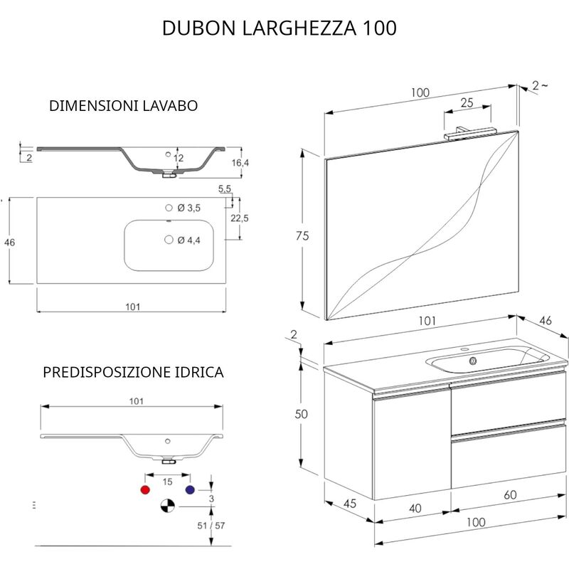 Mobile bagno sospeso 100cm con ripiano e specchio grigio caldo DUBON