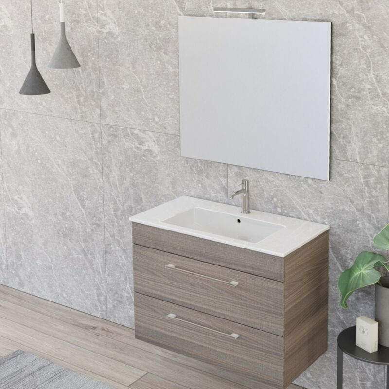 Mobile bagno a terra 80 cm Bianco lucido e Olmo con Lavabo a ciotola -  Caesaroo