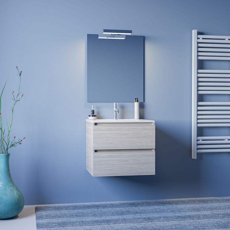 Mobile bagno sospeso 80 cm blu effetto legno con armadietto a specchio Sofia