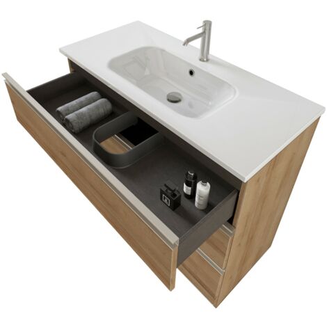 Mobile bagno sospeso 100cm con ripiano e specchio rovere farnia DUBON