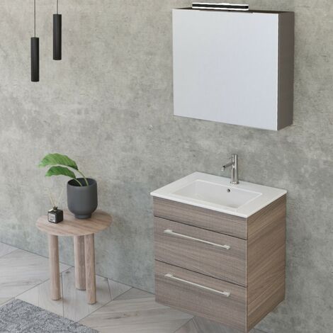 Mobile bagno sfalsato con lavabo, 2 cassetti, finitura Olmo