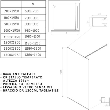 Doccia walk in reversibile senza profili trasparente 8mm h195cm anticalcare osiride, seleziona misura 140