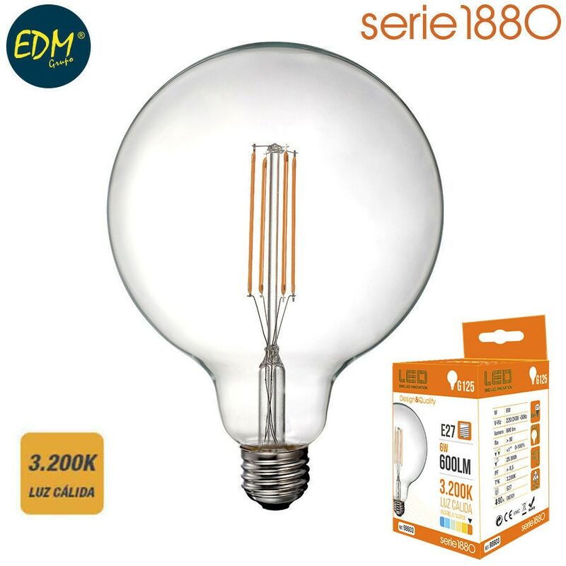 Bombilla led filamento globo diam. 125mm 6w 600 lumen E27 3200k luz calida EDM 98603