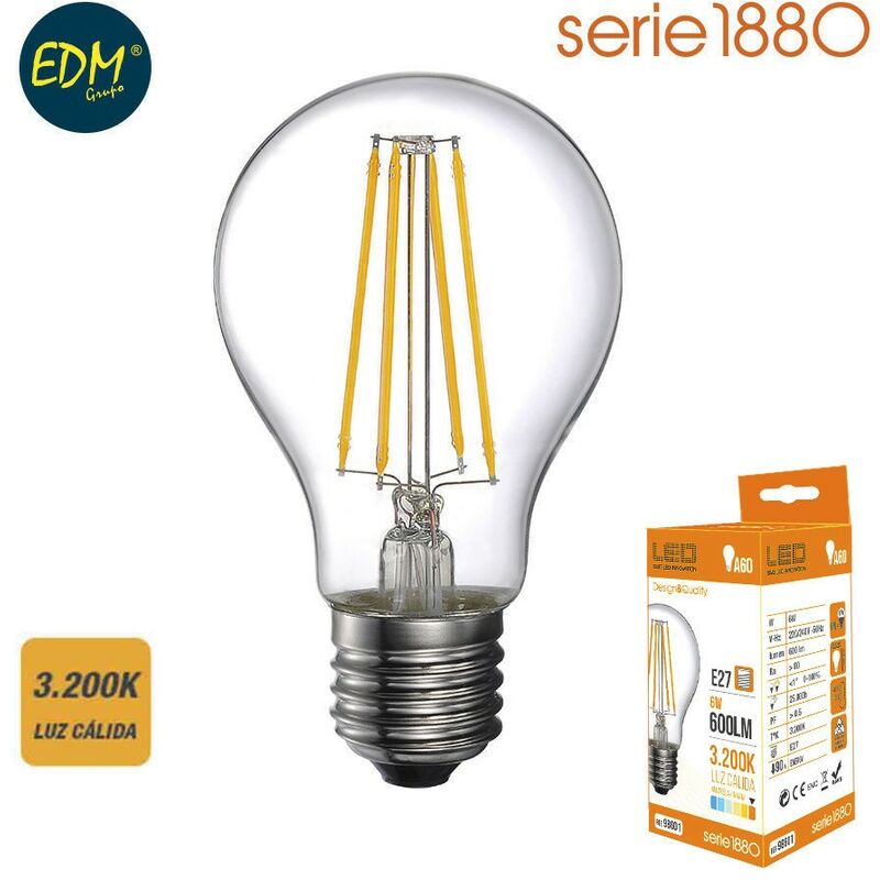 Bombilla led filamento standard 6w 600 lumen E27 3200k luz calida EDM 98601