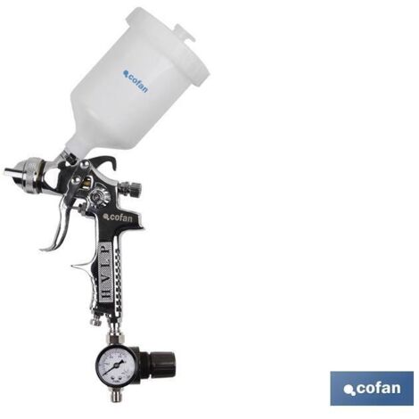 COFAN pistola de pintar hvlp + regulador , Pistola gravitatoria de pintar sistema HVLP, con regulador aire-pintura en gatillo. Incluye un regulador de presión a la entrada de la pi (1/5)