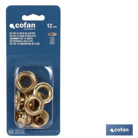 COFAN kit de 12 sets de ojetes 12 mm , Kit o juego completo de ojetes y ollaos para montajes en telas o lonas, muy utilizados para tapar piscinas o fijación en patios o jardines. D