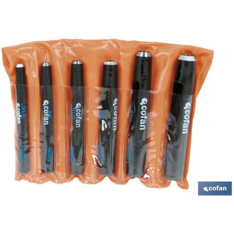 COFAN conjunto sacabocados 6 pcs (5 - 12 mm) , Juego de sacabocados metálicos de golpe en forma cilíndrica. Se recomienda su uso en materiales ligeros. Fabricado en materiales de a