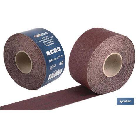COFAN rollo lija tela universal 100 x 25 m. g.120 , Rollo de lija de tela Universal con medida en 100mm x 25 metros y granos desde 60 hasta 180.
