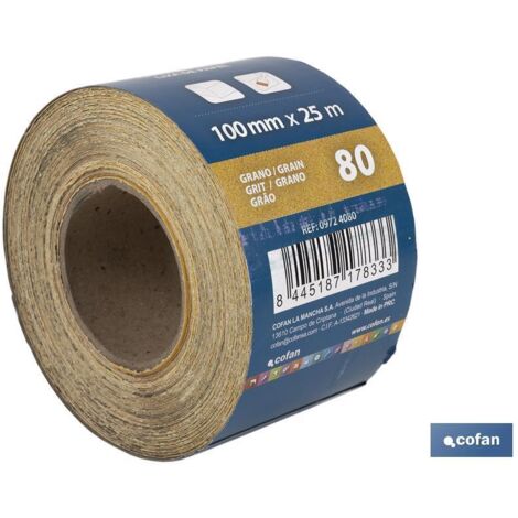 COFAN rollo lija de papel 100 x 25 m. g.80 , Rollo de lija de papel Amarillo con medida de 100mm de ancho x 25 metros de longitud. Granos desde 60 hasta 180.