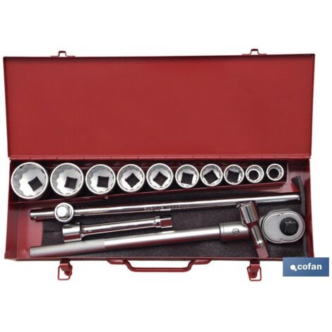 COFAN jgo. de carraca 3/4-14 uds. metricas , Maletín metálico con juego de carracas de 3/4, incluye 14 piezas extensibles y vasos de 6 o 24 caras en 3/4. Están fabricadas en acero