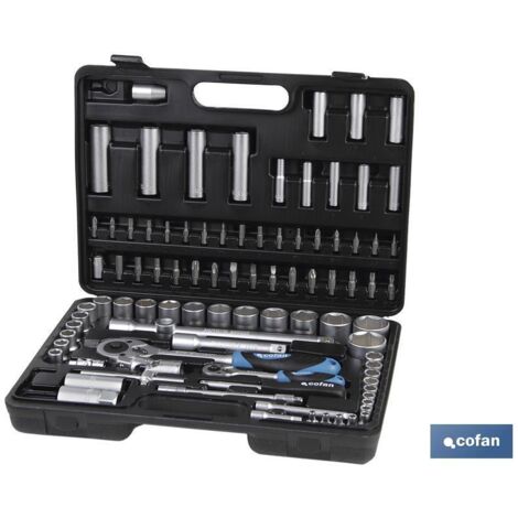 COFAN maletín 94 pcs standard 1/4 y 1/2 , Juego de carraca multiherramienta 94 piezas en maletín de plástico incluyendo carracas, extensibles, accesorios y vasos en 1/4 y 1/2.
