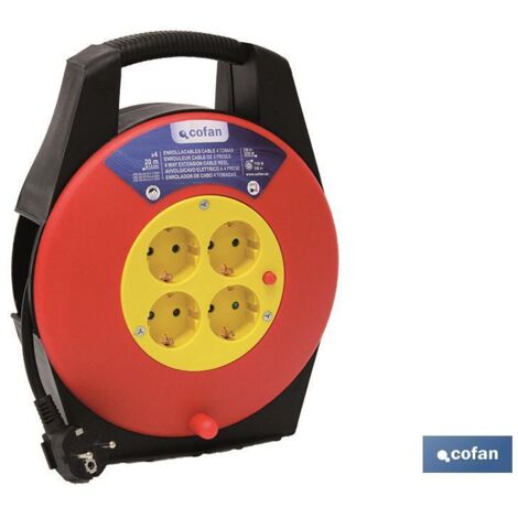 COFAN enrollacables cable 4t. 20 m. (3 x 1,5mm) , Enrollacables eléctrico con cuatro tomas o enchufes y 20 metros de longitud. Enrollacables provisto de conmutador de seguridad por