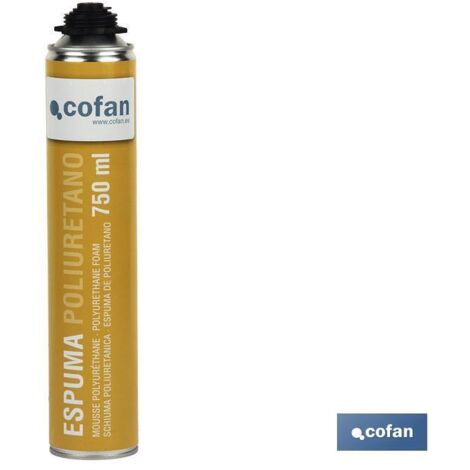 COFAN espuma poliuretano a pistola 750ml , Espuma de poliuretano a pistola de baja expansión con aislamiento acústico y térmico. Excelente adhesión a cualquier superficie. Depósito