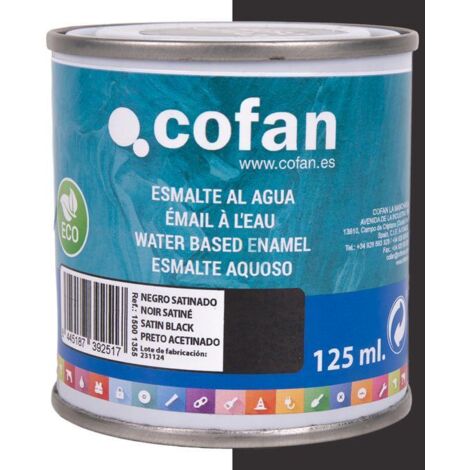 COFAN esmalte al agua (125 ml) negro satinado , Esmalte al agua en una gran gama de colores disponibles. Está fabricado a base de dispersiones acrílicas de altas prestaciones. Es a
