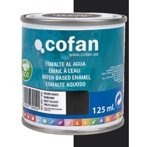 COFAN esmalte al agua (125 ml) negro mate , Esmalte al agua en una gran gama de colores disponibles. Está fabricado a base de dispersiones acrílicas de altas prestaciones. Es apto
