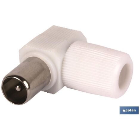COFAN conector antena macho codo (9,5mm) , Conector adaptador de antena de televisión, en forma de codo, con salida de cable vía macho. Longitud total de la pieza de 9,5 mm. Apto p
