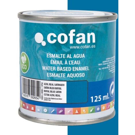 COFAN esmalte al agua (125 ml) azul real satinado , Esmalte al agua en una gran gama de colores disponibles. Está fabricado a base de dispersiones acrílicas de altas prestaciones.