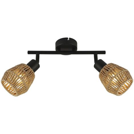 Regleta de techo "Krabi" de dos luces (2xE14) 220/240V IP20 17,5x50x9,5cm fabricada en metal y ratán color negro y beige (1/3)