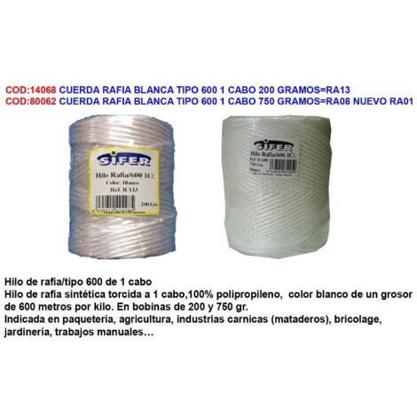 SIFER Cuerda Rafia Blanca 2mm x 120 m 600 m/Kg 1 Cabo 200 g RA13