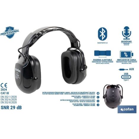 Cascos antirruido con bluetooth SNR 29dB con micrófono y control de volumen (entrada AUX 3,5mm) (1/4)