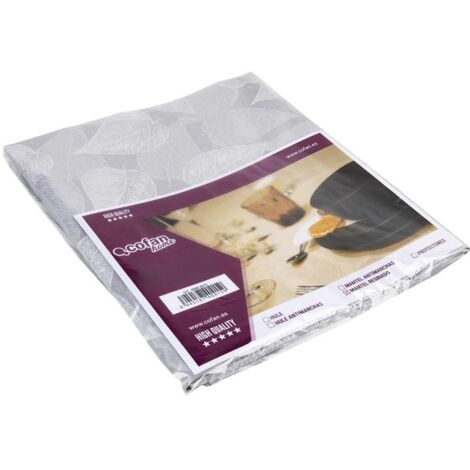 COFAN mantel antimanchas resinado ficus 1,40 x2,50m , Mantel resinado antimanchas de color gris con un diseño moderno con hojas blancas, adecuado para proteger tu mesa de manchas y