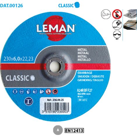 Disco de pulido y desbaste de acero y metal Ø230xØ22,23x6mm fabricado en óxido de aluminio y fibra de vidrio