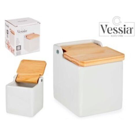 VESSIA salero porcelana madera 10,5x10x10,7 cm , Salero porcelana madera 10,5 x 10 x 10,7 cmFabricada en porcelanaTapa de maderaFácil limpiezaSe recomienda lavar a (1/4)