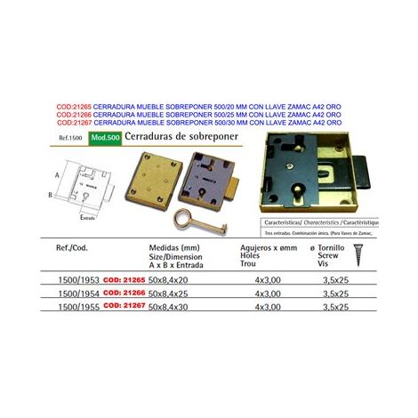 FPLUS cerradura mueble sobreponer 500-30 mm+llave zamac a42 oro (1/8)