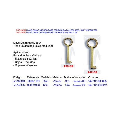 Llave Zamac A42 Oro para Cerradura Falleba 1503 1505 Mueble 500