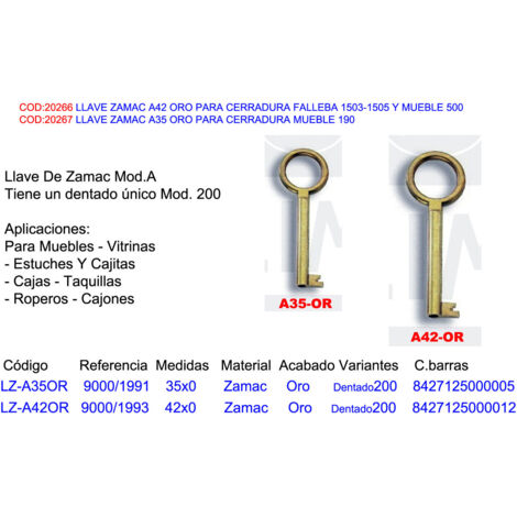 Llave Zamac A35 Oro para Cerradura de Mueble 190