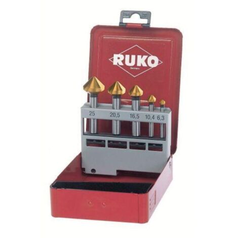 Juego de 5 avellanadores RUKO HSS-TiN 90° DIN 335, alta precisión y durabilidad.