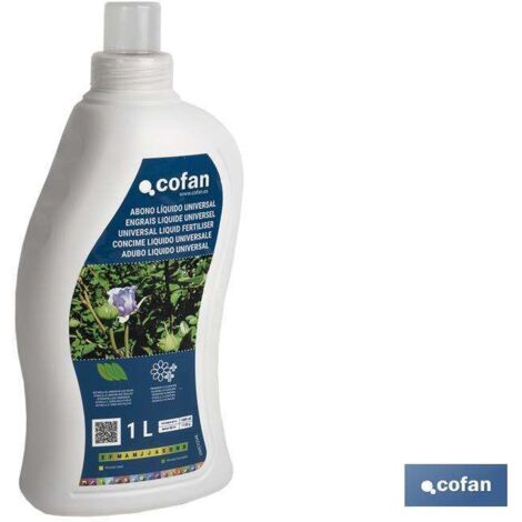 COFAN abono líquido universal 1 l , Abono líquido para usar en una gran variedad de plantas: verdes, con flores, de interior o de exterior. Se trata de un abono con nutrientes bási