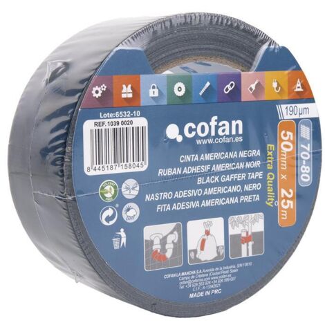 COFAN cinta americana negra 190 micras 50 mm x 25 m , Cinta americana de color negro, autoadhesiva y reforzada con una malla de fibra y recubierta de polietileno. Este producto es