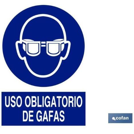 COFAN señal adhesiva 148x105mm. uso obligatorio de gafas , Señal de obligación Uso obligatorio de gafas. El diseño de la señal puede variar, pero en ningún caso se variará el signi