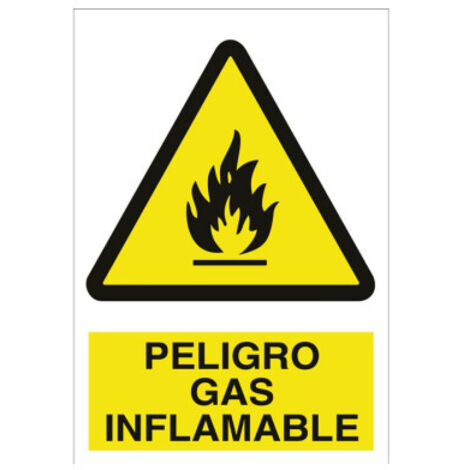 Señal de peligro gas inflamable en poliestireno 420x297mm, grosor 1,5mm.