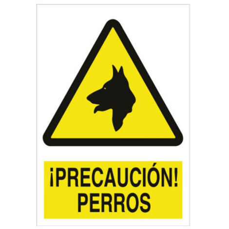 Señal adhesiva de advertencia perros 297x210mm, material y diseño personalizables.