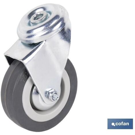 Rueda de goma gris pasante Ø75mm, soporta hasta 45 kg, ideal para mobiliario y hostelería.