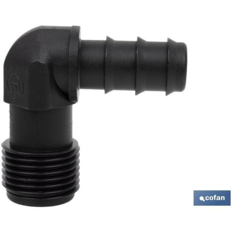 Conexión en codo 90º r.macho Ø16mm para riego, fácil montaje y material resistente