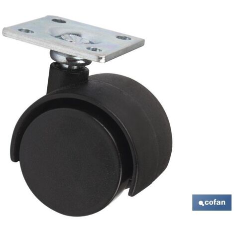 Rueda de plástico Ø30mm con placa y soporte para muebles y sillas, negra y resistente.