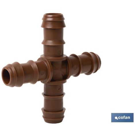 Conector en cruz Ø16mm marrón para riego, fácil montaje sin herramientas. (1/5)